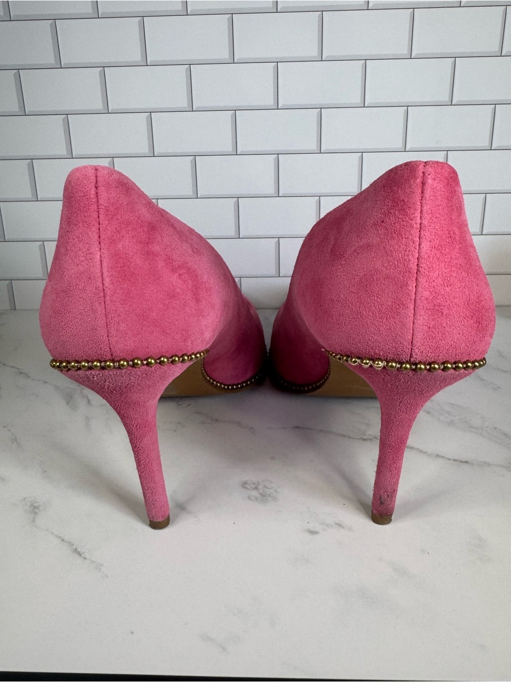 COACH Pink Suede Pointed Toe Pumps with Brass Studded Trim. - Picture 2 of 12